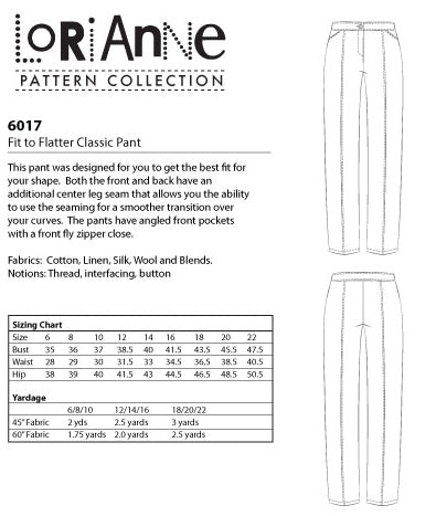 LORIANNE PATTERNS 6017 - FIT TO FLATTER CLASSIC PANT (PRINTED)